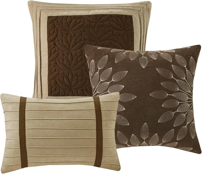 - Palmer 7 Piece Comforter Set - Natural - Queen - Pieced Microsuede - Includes 1 Comforter, 3 Decorative Pillows, 1 Bed Skirt, 2 Shams