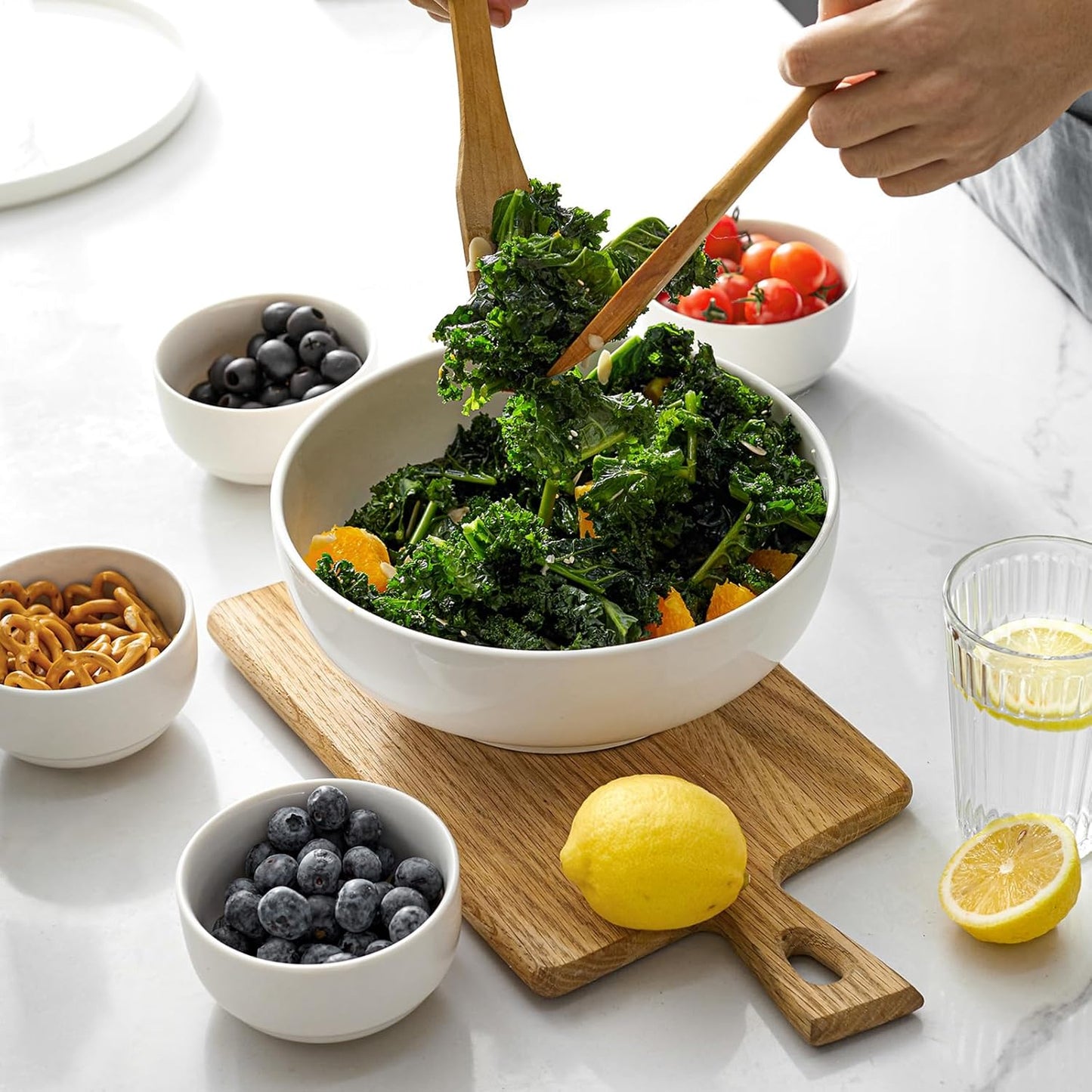 9.5" Large Serving Bowls, 2.8 Quart Big Salad Bowls, Porcelain Pasta Bowl Set, Sturdy Mixing Bowls, Microwave & Dishwasher Safe, Deep Soup Bowl for Family Kitchen, White Bowls, Set of 2