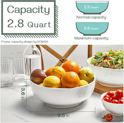 9.5" Large Serving Bowls, 2.8 Quart Big Salad Bowls, Porcelain Pasta Bowl Set, Sturdy Mixing Bowls, Microwave & Dishwasher Safe, Deep Soup Bowl for Family Kitchen, White Bowls, Set of 2